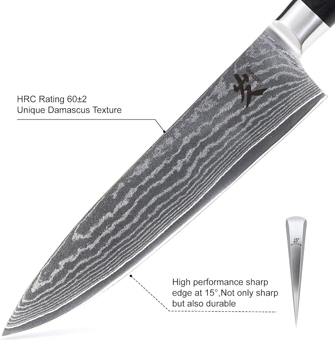 SAMCOOK Damascus Knife Set 4PCS,Ultra Sharp Professional Chef Knives Santoku Knife Paring Knife VG10 High Carbon Stainless Steel with Black Pakkawood Handle,Sharpening Stone,Premium Gift Box