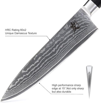 SAMCOOK Damascus Knife Set 4PCS,Ultra Sharp Professional Chef Knives Santoku Knife Paring Knife VG10 High Carbon Stainless Steel with Black Pakkawood Handle,Sharpening Stone,Premium Gift Box