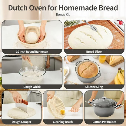 Enameled Cast Iron Dutch Oven with Lid -6.5 QT, incl. Sourdough Bread-Baking Supplies like Banneton Proofing Basket, Heavy Duty Cookware Bread-Oven for Baking, Stews, and Roasting, Gray