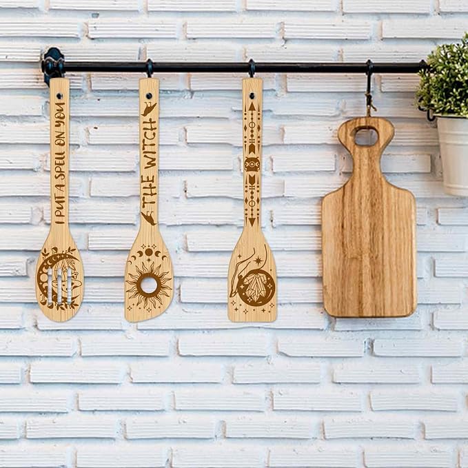 GLOBLELAND 6 Pcs Magic Divination Bamboo Cooking Utensils Wooden Engraved Cooking Spoons Set Carving Kitchen Bamboo Spatula Set for Women and Men Wood Cooking Spoon for Kitchen Fun House Warming Gift