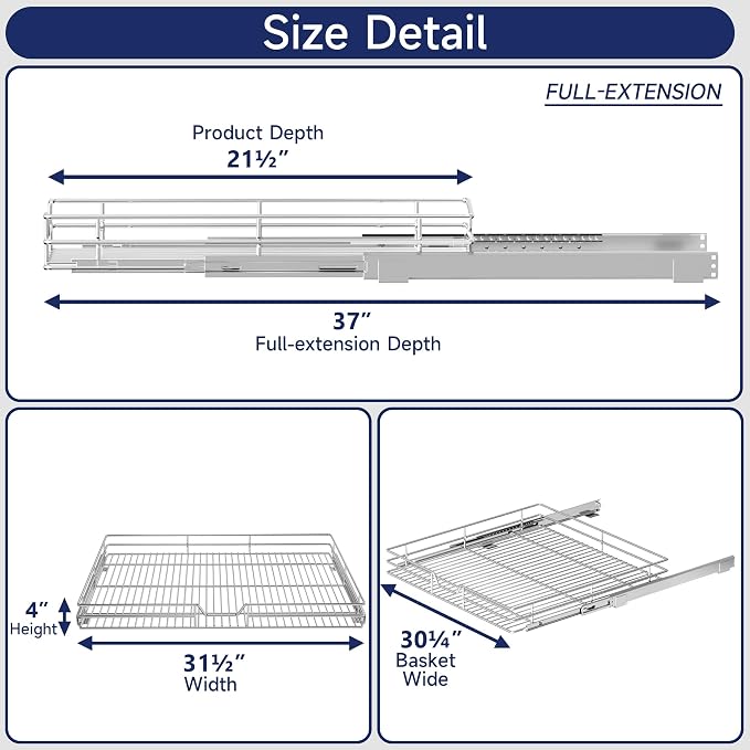 Pull Out Cabinet Organizer, 31.5" W x 21.5" D, Heavy Duty Chrome Slide Out Shelf for Wide Base Cabinets, Sliding Wire Basket Drawer for Pots, Pans, Appliances & Pantry Storage