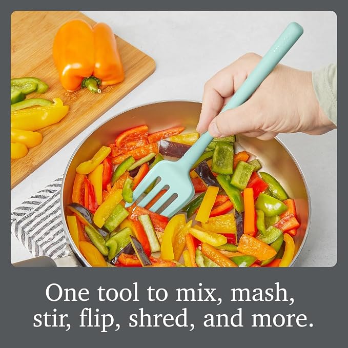 Tovolo Flex Core Silicone Fork Aqua Seafoam Green Large Cooking Fork for Spaghetti Twirling Mixing Shredding, Heat Resistant Silicone Fork Kitchen Utensil, BPA Free Spaghetti Twirling and Cooking Fork