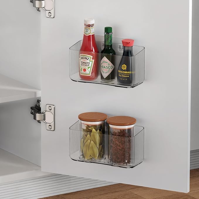 Cruet stands, 2 Pack Cabinet Door Organizers Plastic Wrap Holders for Kitchen Organizers, No drilling Wall Door Mount Kitchen Wrap Rack for Foil Wrap, Cling Wrap, and Food Bags, Clear