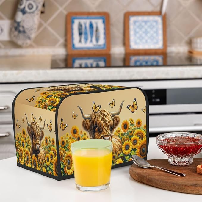 2 Slice Flower Highland Cow Toaster Cover Waterproof Dust Fingerprint Bread Machine Cover Washable Kitchen Appliance Protector For Home Kitchen Bakeware Table Decor Women Gifts