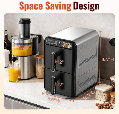 【Upgrade】Air Fryer, Dual Basket Air Fryers, 12QT Double Air Fryer with 2 Stacked Racks, Large Family Size, Touchscreen Controls, 6-in-1 Presets, Roast, Sync & Match Functions, Dishwasher-Safe Parts