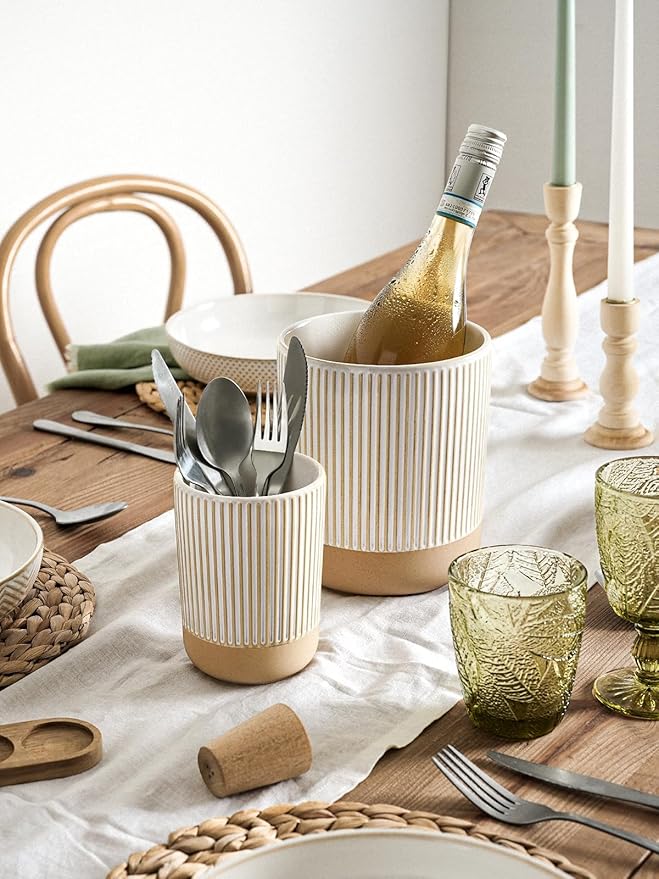 LE TAUCI Ceramic Kitchen Utensil Holder Set of 2 - 6.9"+5.3" Large Cooking Utensil Crock & Organizer for Spatula, Spoon, Whisk - Farmhouse Countertop Storage, Cream Beige, Line