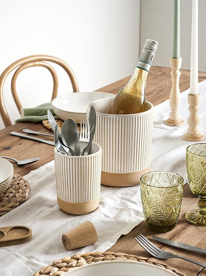 LE TAUCI Ceramic Kitchen Utensil Holder Set of 2 - 6.9"+5.3" Large Cooking Utensil Crock & Organizer for Spatula, Spoon, Whisk - Farmhouse Countertop Storage, Cream Beige, Line