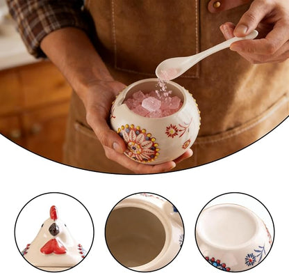 2 PCS,Ceramic Salt Cellar With Lid and Spoon,13-ounce Chicken Salt Shaker,Perfect for Kitchen Decor,Countertop Spice Rack (Red + Blue)