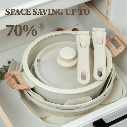 Ceramic Cookware Set Non Stick 23Pcs Pots and Pans Set Non Toxic with Detachable Handle Induction Kitchen Cookware Set Space Saving, Oven & Dishwasher Safe, Cream