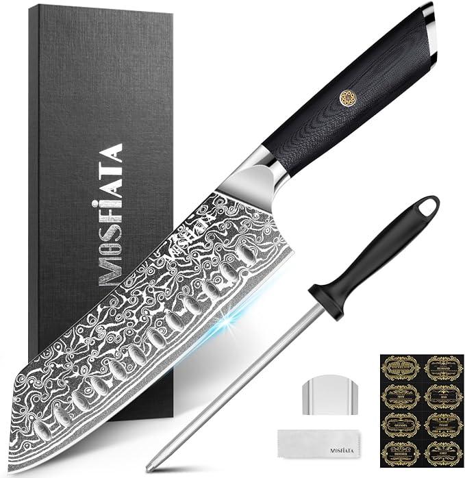 MOSFiATA Damascus 7" Santoku Knife, Damascus Stainless Steel VG10 Core, Chef's Knives Chopping Cooking Knife Set with G10 Handle Sharpener Gift Box