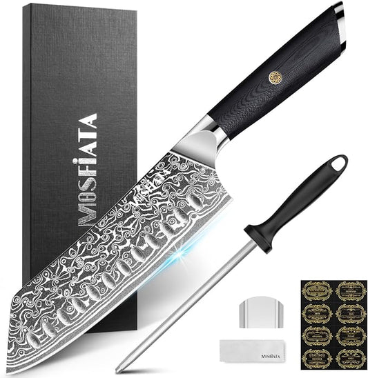 MOSFiATA Damascus 7" Santoku Knife, Damascus Stainless Steel VG10 Core, Chef's Knives Chopping Cooking Knife Set with G10 Handle Sharpener Gift Box