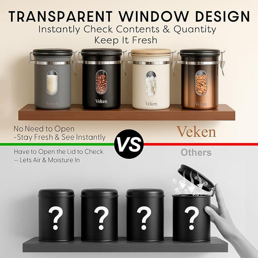 Veken Coffee Canister with Window,Airtight Stainless Steel Kitchen Food Storage Container, Date Tracker & Scoop for Grounds Coffee, Beans, Tea, Flour, Cereal,Sugar,22OZ,Grey (Pack of 2)