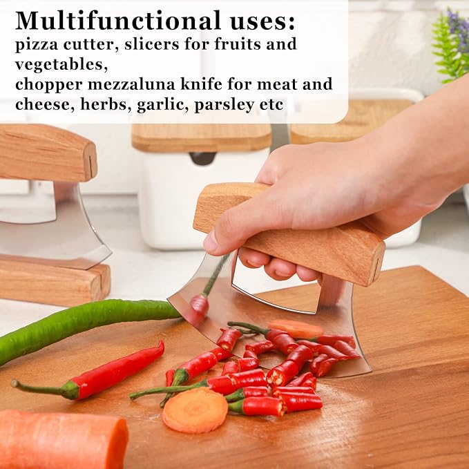Hanaive 2 Pack 4 x 5 Inch Mezzaluna Ulu Knife Salad Veggies Rocker Chopper Slicer Cutter Mezzaluna Knife with Wooden Display Stand for Kitchen Cutting Chopping Knives Chef Cleaver Arthritic Tool