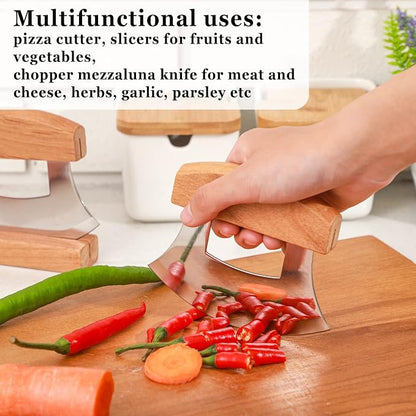 Hanaive 2 Pack 4 x 5 Inch Mezzaluna Ulu Knife Salad Veggies Rocker Chopper Slicer Cutter Mezzaluna Knife with Wooden Display Stand for Kitchen Cutting Chopping Knives Chef Cleaver Arthritic Tool