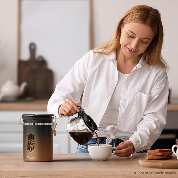 Veken Coffee Canister with Window,Airtight Stainless Steel Kitchen Food Storage Container, Date Tracker & Scoop for Grounds Coffee, Beans, Tea,Flour,Cereal,Sugar,22OZ,Copper