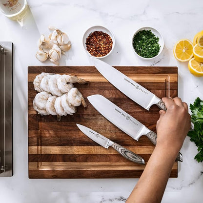 Schmidt Brothers - Bonded Ash 7-Piece Kitchen Knife Set, High-Carbon German Stainless Steel Cutlery, Ash Finish Wood Handles and Clear Acrylic Magnetic Knife Block