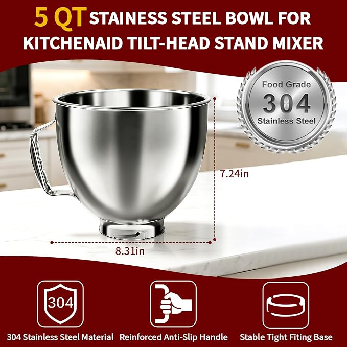 5QT Mixing Bowl for KitchenAid Stand Mixers, Compatible with Kitchen Aid 4.5-5 Qt Tilt-Head Stand Mixer, Food-Grade Stainless Steel Mixing Bowl with Handle & Clasp for Baking, Cooking & Dough Mixing
