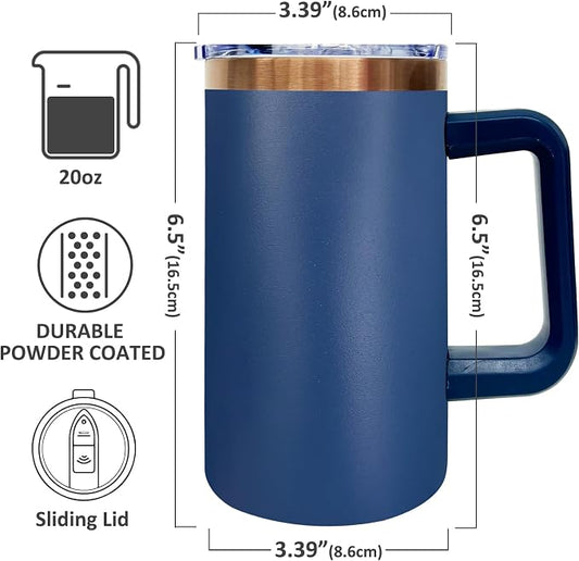 20 oz Insulated Coffee Mug with Lid, Stainless Steel Coffee Tumbler Bulk, Double Wall Vacuum Travel Mug with Handle, Leakproof Powder Coated Coffee Cups for Hot and Cold Drinks (Navy,4 pack)