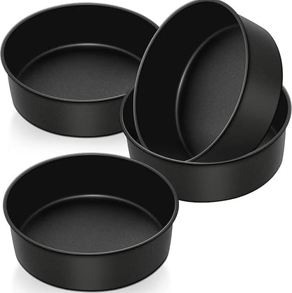 P&P CHEF 8 Inch Cake Pan, Nonstick Round Baking Layer Cake Pans Tins Set for Birthday Wedding, 2.94-Inch Deep Side & One-piece Design, Stainless Steel Core & Easy Clean, Black 4Pcs
