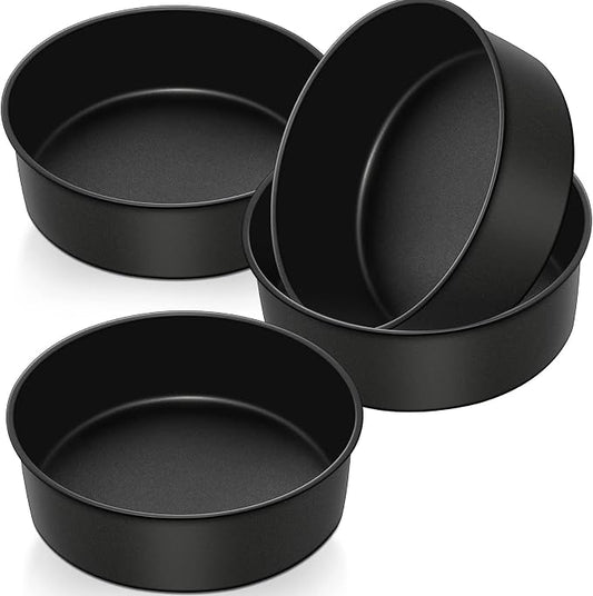 P&P CHEF 8 Inch Cake Pan, Nonstick Round Baking Layer Cake Pans Tins Set for Birthday Wedding, 2.94-Inch Deep Side & One-piece Design, Stainless Steel Core & Easy Clean, Black 4Pcs