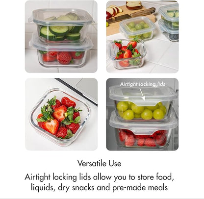 Square Glass Storage Container, Stackable BPA Free Airtight Seal Food Containers with Lids, Meal Prep Kitchen Organization and Storage, 5"x5" x 2.5", 17.6oz, 0.52L, White, 4 Pack