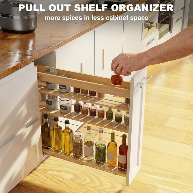 Pull Out Spice Rack Organizer for Cabinet, 5" W x 22.3" D x 25.2" H Multi-Use Solid Wood Slide Out Shelf for Kitchen Cabinet, Sliding Spice Rack for Cans & Jars, Pantry Organization