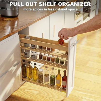 Pull Out Spice Rack Organizer for Cabinet, 5" W x 22.3" D x 25.2" H Multi-Use Solid Wood Slide Out Shelf for Kitchen Cabinet, Sliding Spice Rack for Cans & Jars, Pantry Organization