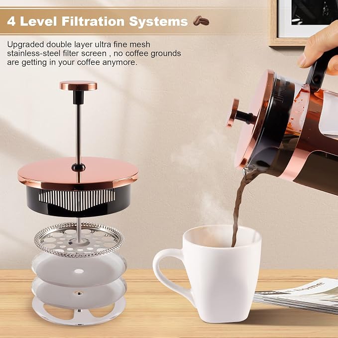 French Press Coffee Tea Maker, Upgrade Heat Cold Resistant Thickened Glass with 4 Level Stainless Steel Filtration System Brew Coffee & Tea, BPA Free, Large 1000ml 34oz, Rose Gold