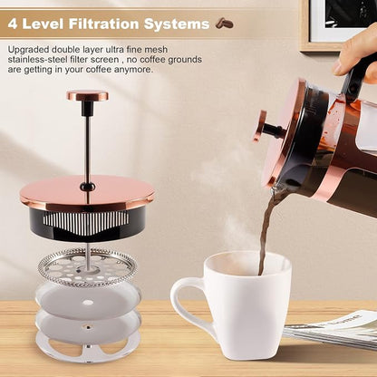 French Press Coffee Tea Maker, Upgrade Heat Cold Resistant Thickened Glass with 4 Level Stainless Steel Filtration System Brew Coffee & Tea, BPA Free, Large 1000ml 34oz, Rose Gold