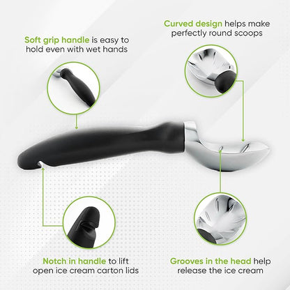 Spring Chef Ice Cream Scoop with Soft Grip Handle, Professional Heavy Duty Sturdy Scooper, Premium Kitchen Tool for Cookie Dough, Gelato, Sorbet, Black, 2 Pack