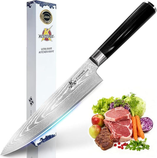 8 Inch Chef Knife VG10 Damascus - Ultra Sharp G10 Handle | Ultra sharp VG10 chef knife, Damascus non-stick blade, military-grade G10 grip, rust resistant, perfect for meal prep