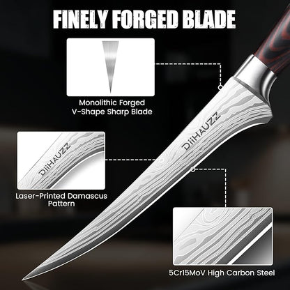 DiiHAUZZ 7 Inch Fillet Knife for Fish, Razor Sharp Boning Knife High Carbon Stainless Steel for Poultry Deboning and Meat Cutting, Japanese Filleting Knives with Ergonomic Pakkawood Handle, Sheath