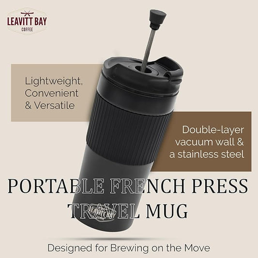 Portable French Press Travel Mug – Insulated Stainless Steel French Press Mug for Hot or Cold Brew – Durable Travel Coffee Maker – On-the-Go Tea & Coffee Maker (Black)