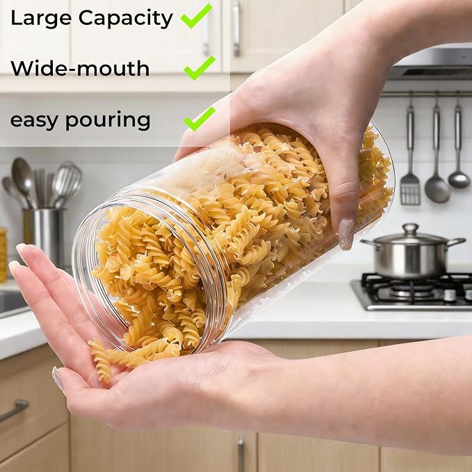 Pumtus 8 Pack Clear Plastic Jars with Lid, 46 OZ Round Candy Storage Jars, Empty Large Mason Jars, Tall PET Canisters Cylinders, Wide Mouth Pantry Container for Dry Food, Spice, Nuts, Noodles