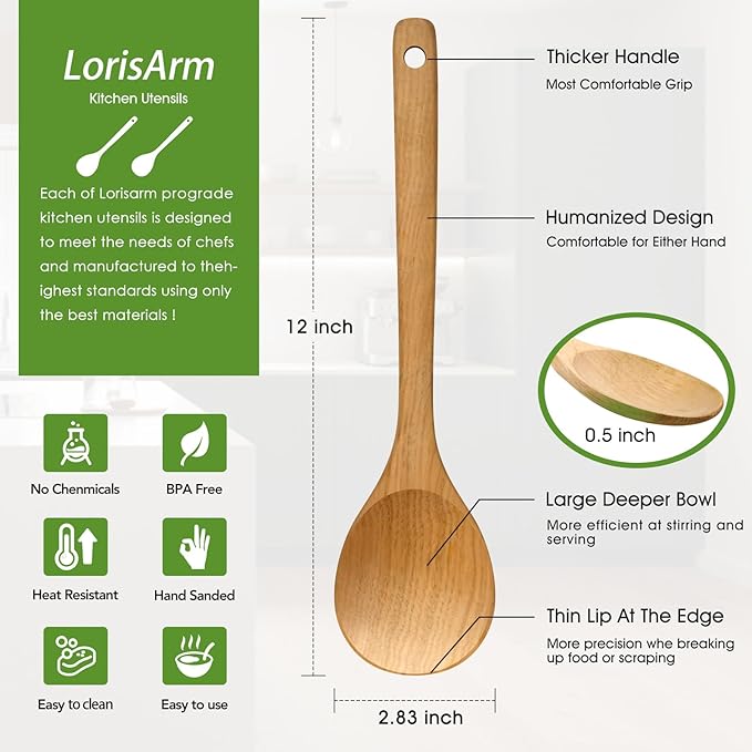 LorisArm Wooden Cooking Spoon 2PC, Large 12" Solid Wood Serving Spoons Set for Mixing Stirring, Maple Wood Nonstick Kitchen Utensils Tableware Ladle Scoop.