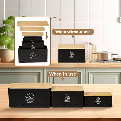 3 Pack Metal Vegetable Storage,Onion Storage,Potato Storage and Garlic Storage Set,Kitchen Vegetable Keeper,Stackable Pantry Organizers with Ventilation Holes and Bamboo Lids(BLACK)