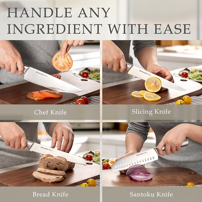 Astercook Knife Set, Kitchen Knives Set with Block and Sharpener Full Tang 15 Pcs Stainless Steel Knives, Dishwasher Safe Knife Set with Anti-slip Ergonomic Handle, Black, Fathers Day Gift for Men