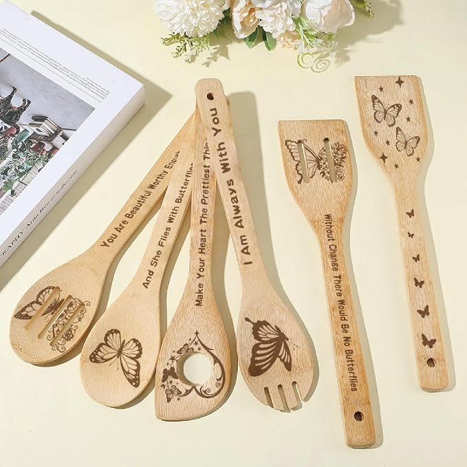 6Pcs 6 Styles Butterfly Wooden Utensils Set for Cooking 11.8 x 2.4 Inch Bamboo Kitchen Spoons Durable Wood Spoons Set for Housewarming Wedding Birthday Gift Farmhouse Apartment Accessories