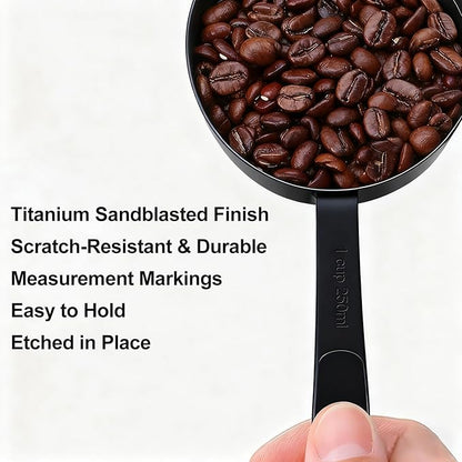Bopei Measuring Cups and Spoons Set, Titanium-Plated Matte Black Stainless Steel 10 Piece for Cooking and Baking (5 Cups + 5 Spoons All Black)