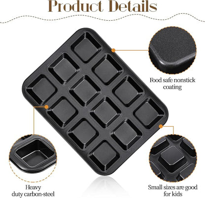 4 Pack Brownie Pan, 12 Cavity All Edges Square Cupcake Brownie Pans Mini Cake Non-stick Bakeware for Bread Loaf Cake Cookie Oven, Heavy Duty Carbon Steel Mini Muffin Pan