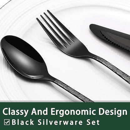 EWFEN 24-Piece Black Silverware Set with Steak Knives, Black Flatware Set for 4, Food-Grade Stainless Steel Tableware Cutlery Set, Mirror Finished Utensil Sets for Home Restaurant, Tree Pattern