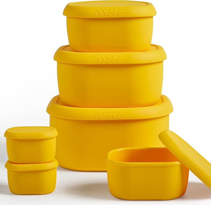 ISSEVE 6Pcs/Set Nesting Silicone Food Storage Containers with Lids, BPA Free Reusable Meal Prep Silicone Containers Lunch Box Bento Box Set (33.8oz, 20oz, 10oz, 6.7oz, 1.3oz) (Yellow)