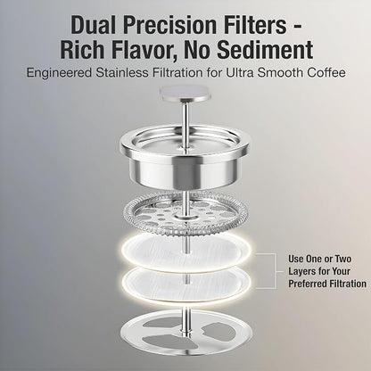 Small French Press Coffee Maker Set - 12 oz | Portable Travel French Press Coffee Maker | Double Wall Insulated with Dual Stainless Filters & 2 Steel Canisters for Grounds, Tea, Creamer & Sugar