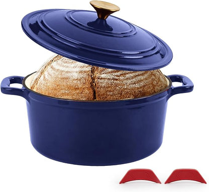 Enameled Cast Iron Dutch Oven with Lid&Silicone Grip, Round Casserole Pot for Bread Baking, Braising, Roasting,Stews,Heavy-Duty Baking Pan,Oven Safe, Induction Compatible (4.7QT,Indigo)