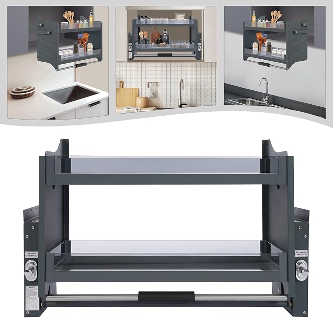 Pull Down Shelf for Upper Cabinets, 2-Tier Drop Down Cabinet Organizer, Kitchen Spice and Dishes Pull Down Storage Shelf, High Cabinet Pull-Out Organizer for Snack, Bowl (Dark Grey, 30in)
