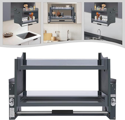 Pull Down Shelf for Upper Cabinets, 2-Tier Drop Down Cabinet Organizer, Kitchen Spice and Dishes Pull Down Storage Shelf, High Cabinet Pull-Out Organizer for Snack, Bowl (Dark Grey, 30in)