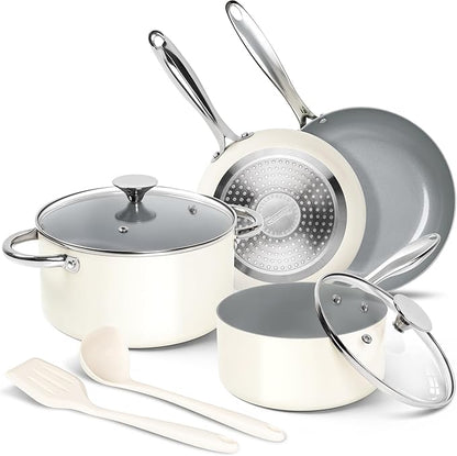 MICHELANGELO Pots and Pans Set Non Stick 8 Piece Ceramic Cookware Set Cream | PFAS-Free Cream Ceramic Nonstick Cookware Set for Eggs, Pancakes, Sauces, Low-Oil Cooking and Induction Stoves, Fast Cleanup