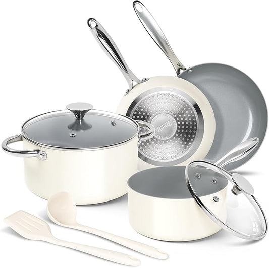 MICHELANGELO Pots and Pans Set Non Stick 8 Piece Ceramic Cookware Set Cream | PFAS-Free Cream Ceramic Nonstick Cookware Set for Eggs, Pancakes, Sauces, Low-Oil Cooking and Induction Stoves, Fast Cleanup