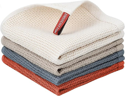 Nialnant 100% Cotton Dish Cloths for Washing Dishes, 4 Pack Waffle Weave Dish Towels,Super Soft Absorbent Cleaning Rags-Multi Color,12x12 Inch