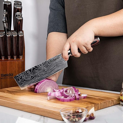 Seido Knives 5-Piece Damascus Master Chef Knife Set - Includes Gyuto, Santoku, Nakiri, Paring Knives - High-Carbon Stainless Steel Kitchen Knives